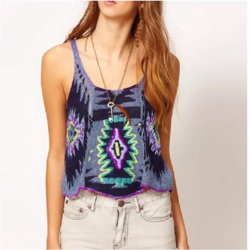 Free People Navy Multicolor Aztec Knit Crop Tank - Picture 1 of 8